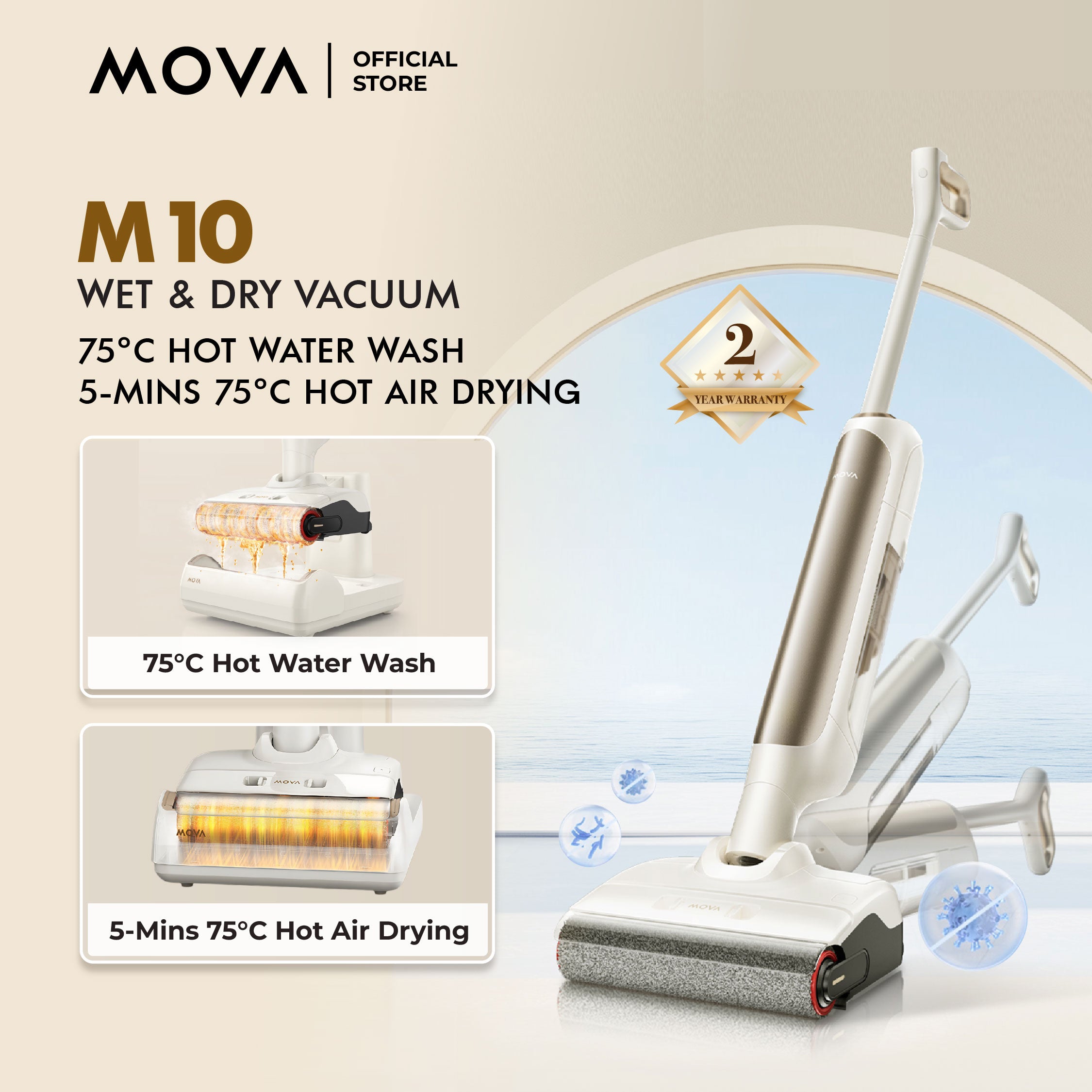 MOVA M10 Wet and Dry Vacuum Cleaner Floor Washer | 75°C Hot Water Wash | 5 Mins 75°C Hot-Air Dry | Tangle-Free Hair Cut