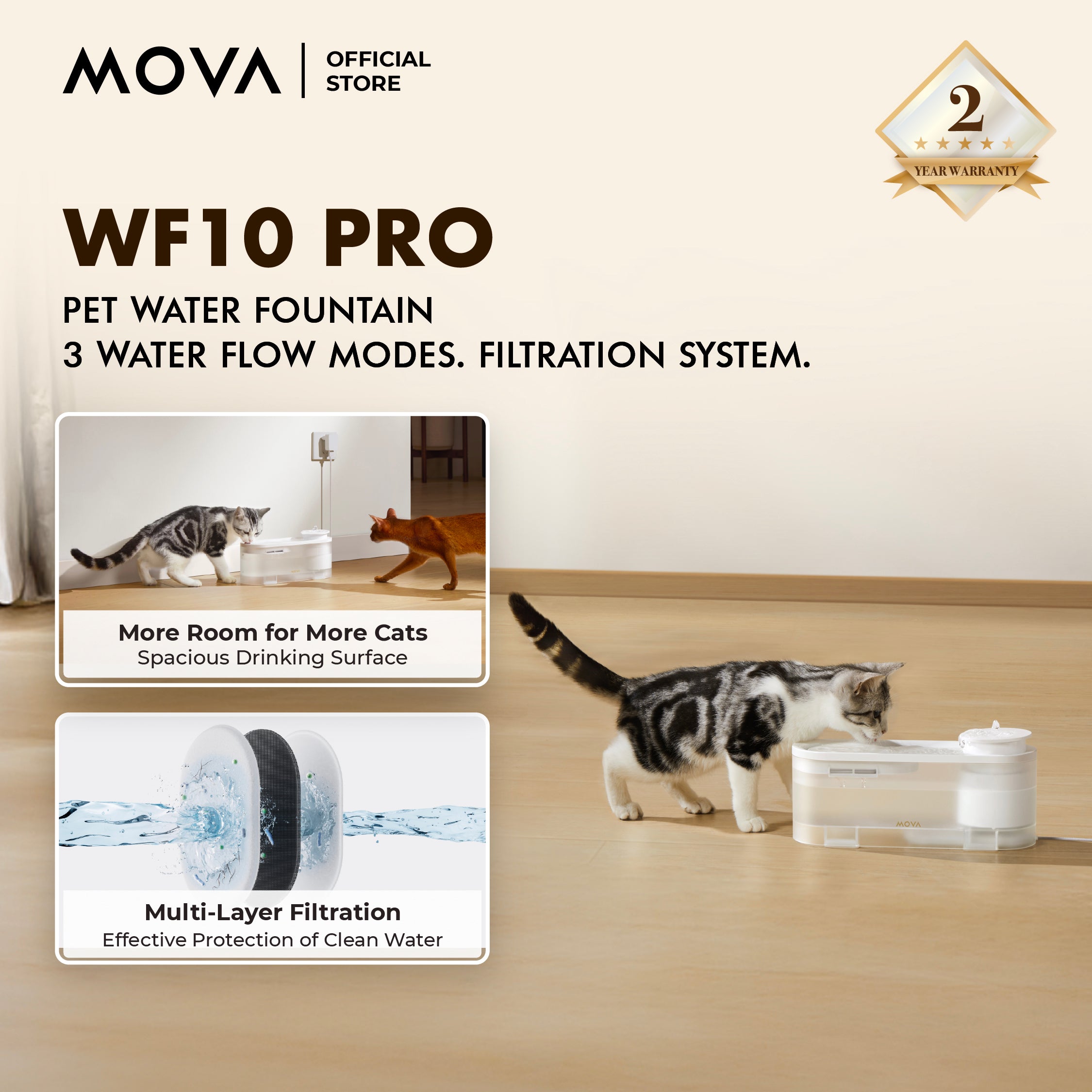 MOVA WF10 Pro Pet Water Fountain | Multi-Layer Filtration | 3 Water Flow Modes | Wireless Water Pump 【2 Years Warranty】